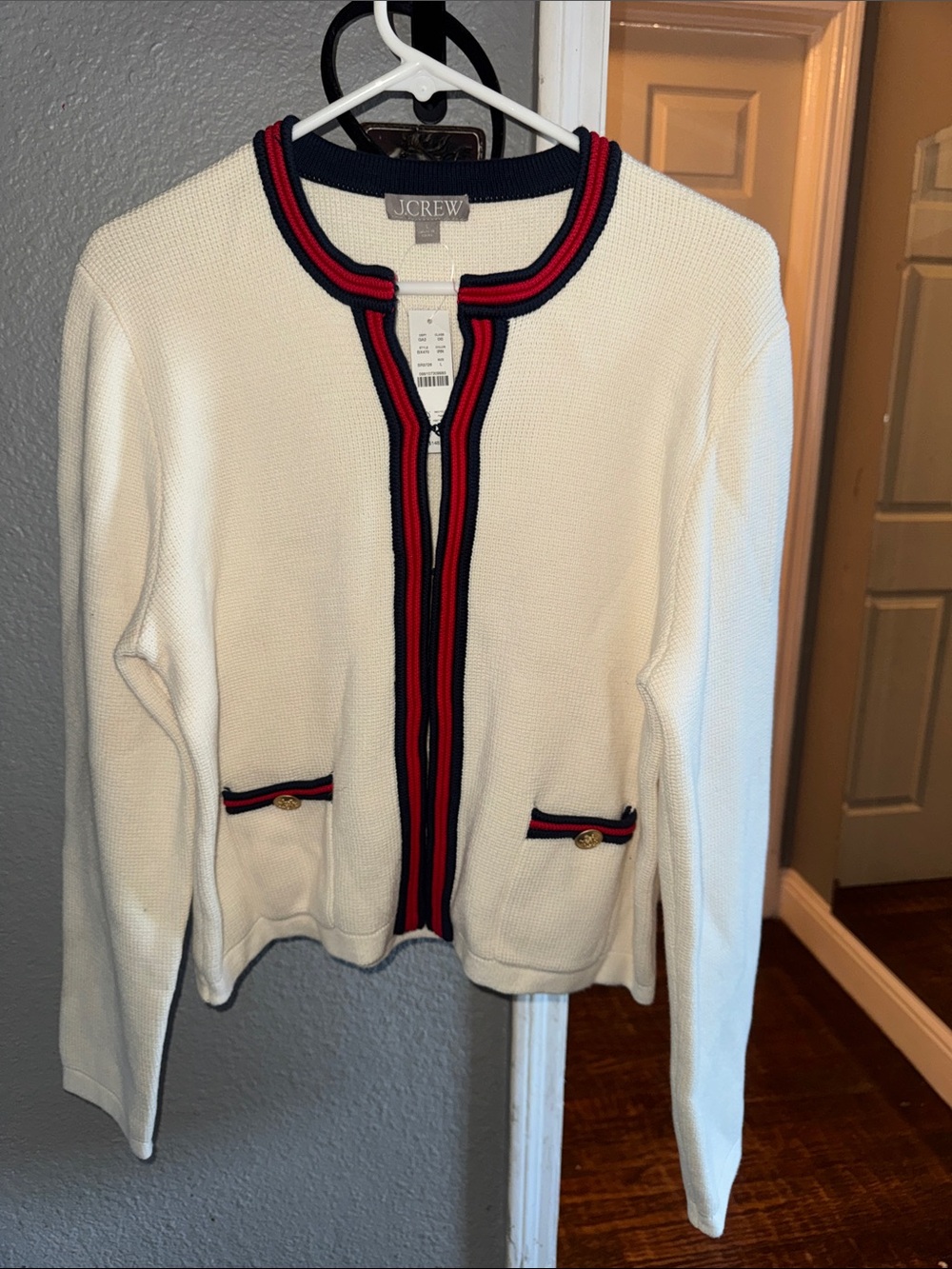 J. Crew Cream Cardigan with Navy and Red Trim